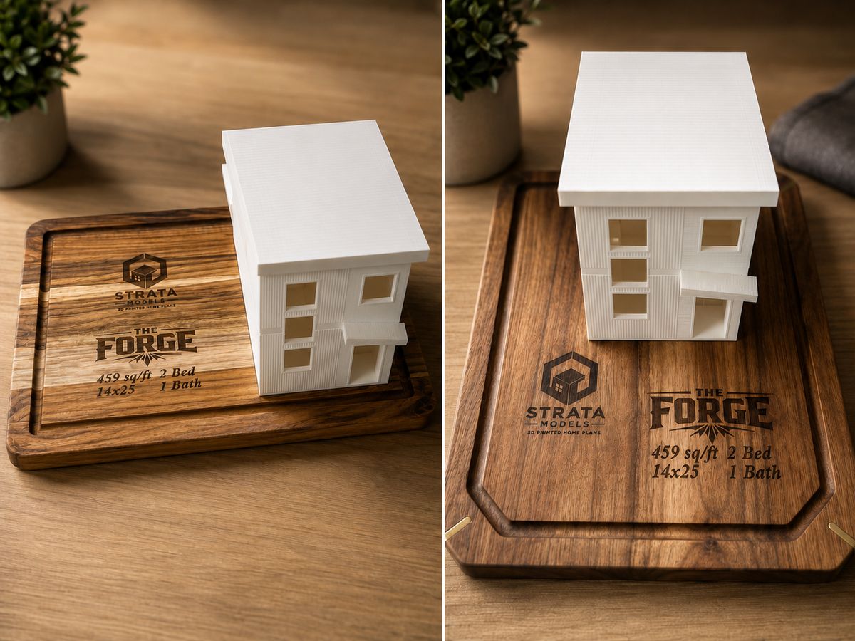 Digital rendering of The Forge: two views of a white flat-roof two-story house model with vertical siding on an engraved walnut base reading The Forge, 459 sq ft, 2 bed, 1 bath