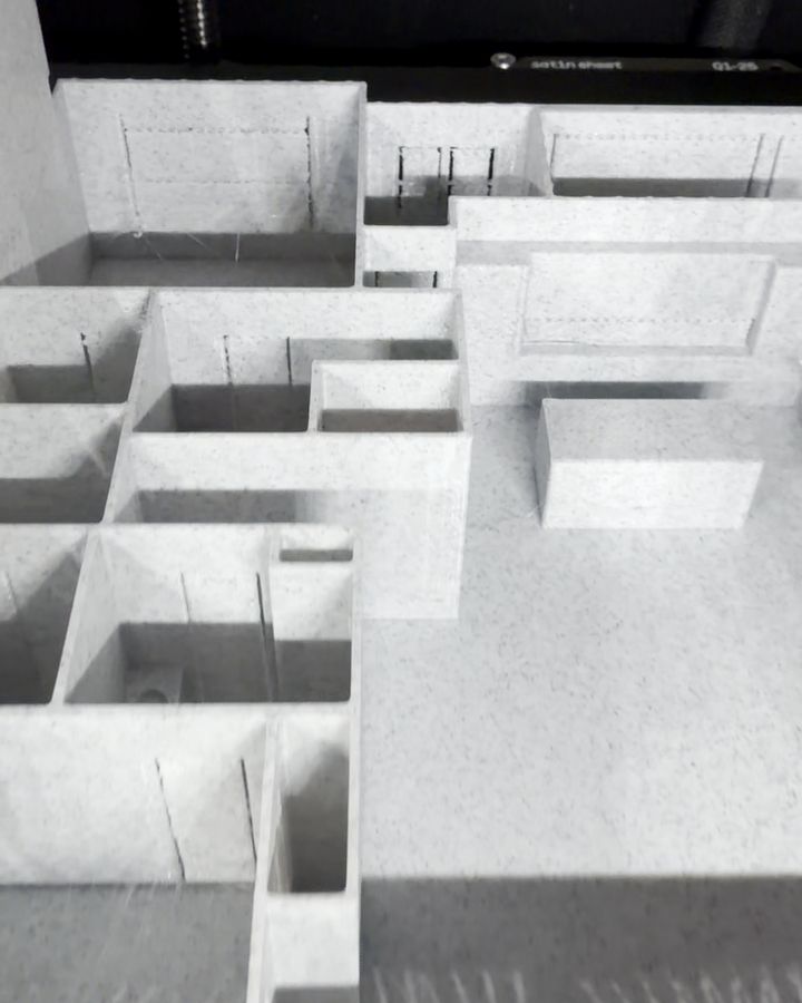Close-up of the interior walls, doorways and closets inside a 3D printed house model